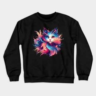 Cute Colorful Cosmic Cat in Stars Crewneck Sweatshirt